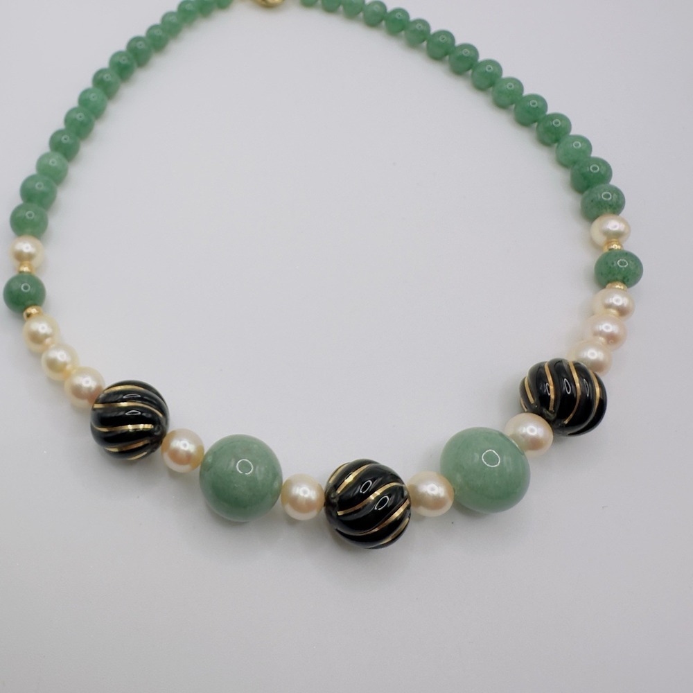 Artisan Gemstone & Pearl Necklace Black Gold Swirl Bead Statement Necklace 18" - Picture 4 of 13